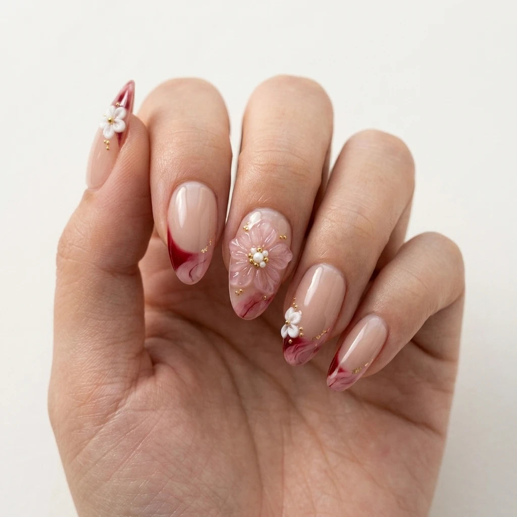 ruby red blush nude 3d french tip almond press on nails marble flower detail 03