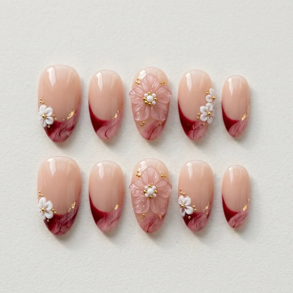 ruby red blush nude 3d french tip almond press on nails marble flower flat lay 04