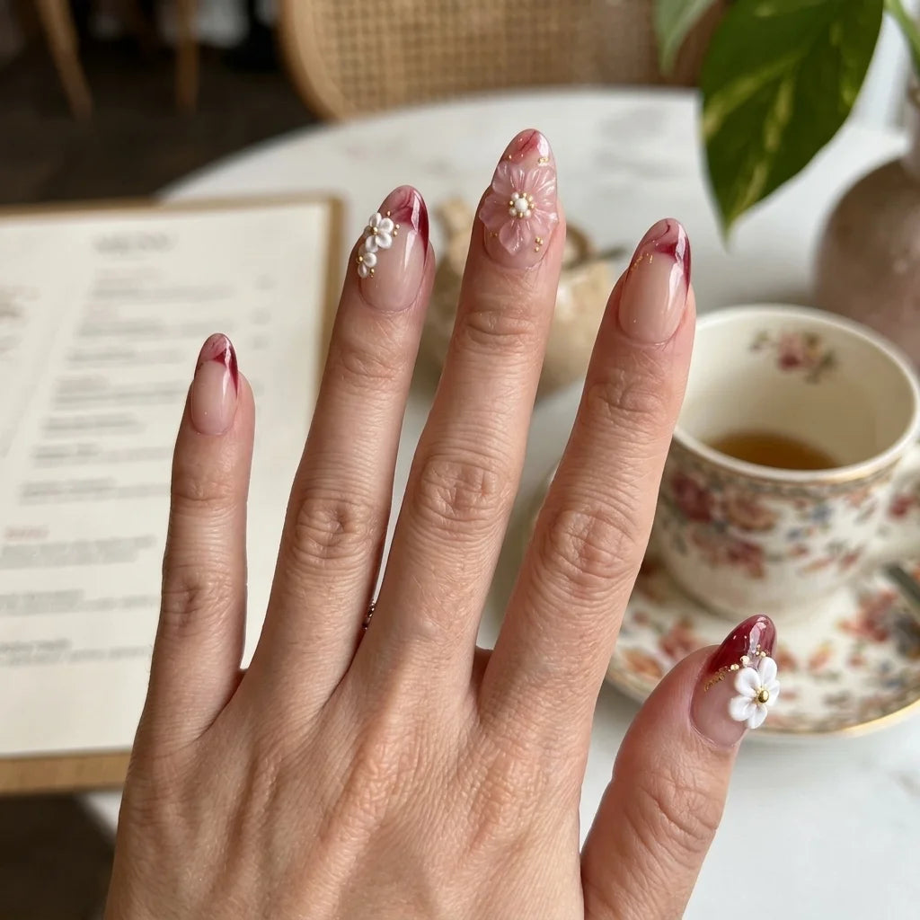 ruby red blush nude 3d french tip almond press on nails marble flower lifestyle 02