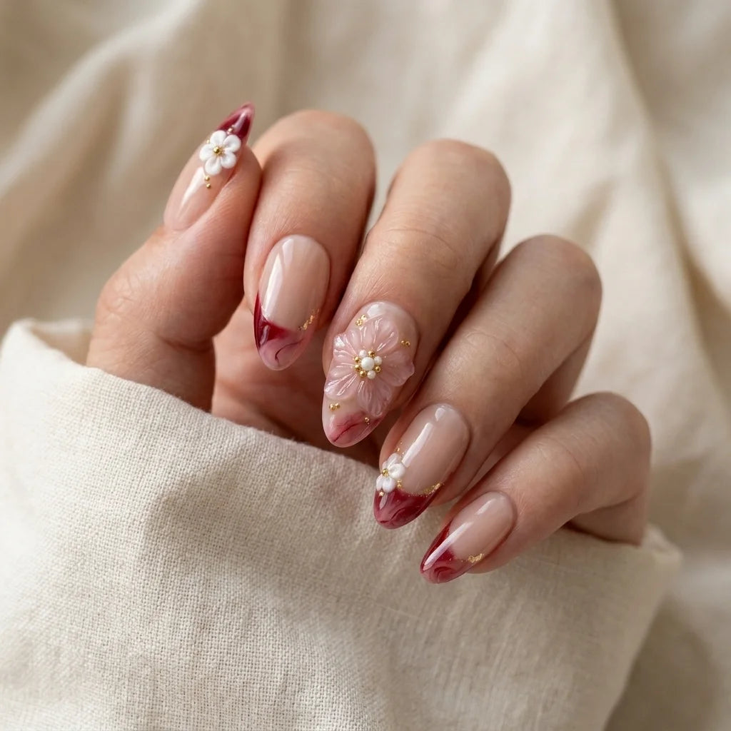 ruby red blush nude 3d french tip almond press on nails marble flower mockup 01