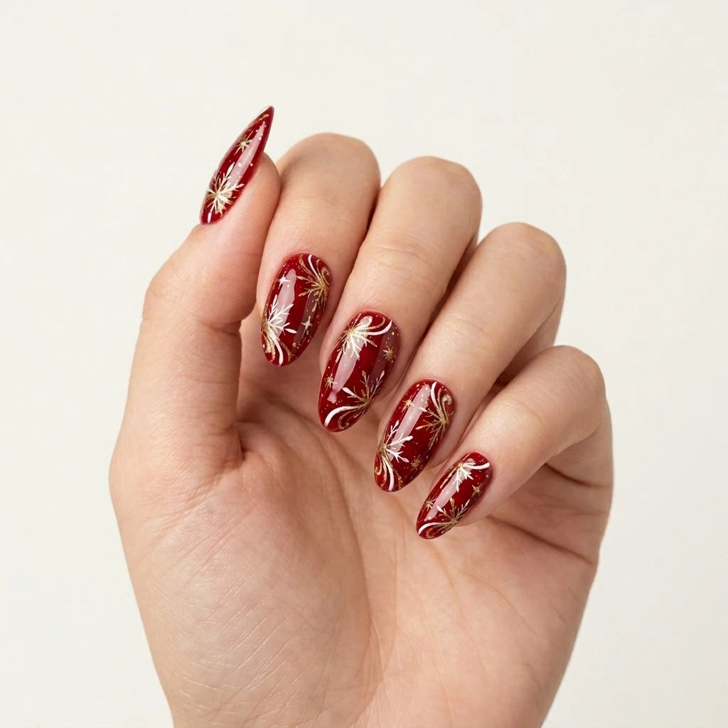 ruby red hand painted christmas almond press on nails snowflake gold swirl flat lay 03