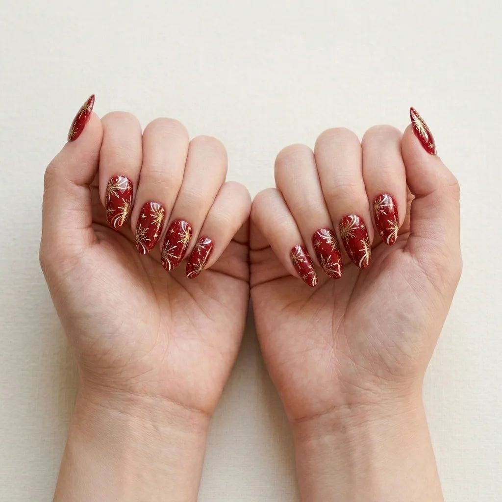ruby red hand painted christmas almond press on nails snowflake gold swirl lifestyle 02
