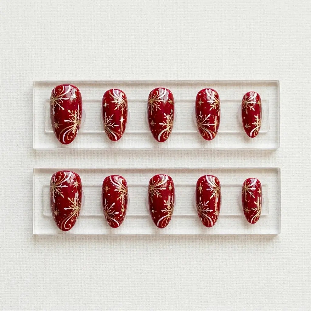 ruby red hand painted christmas almond press on nails snowflake gold swirl mockup 01