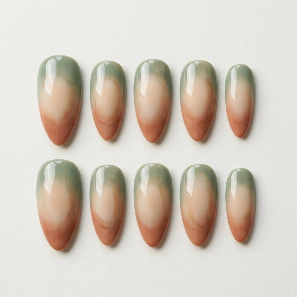 sage earth marble almond long press on nails flat lay 01