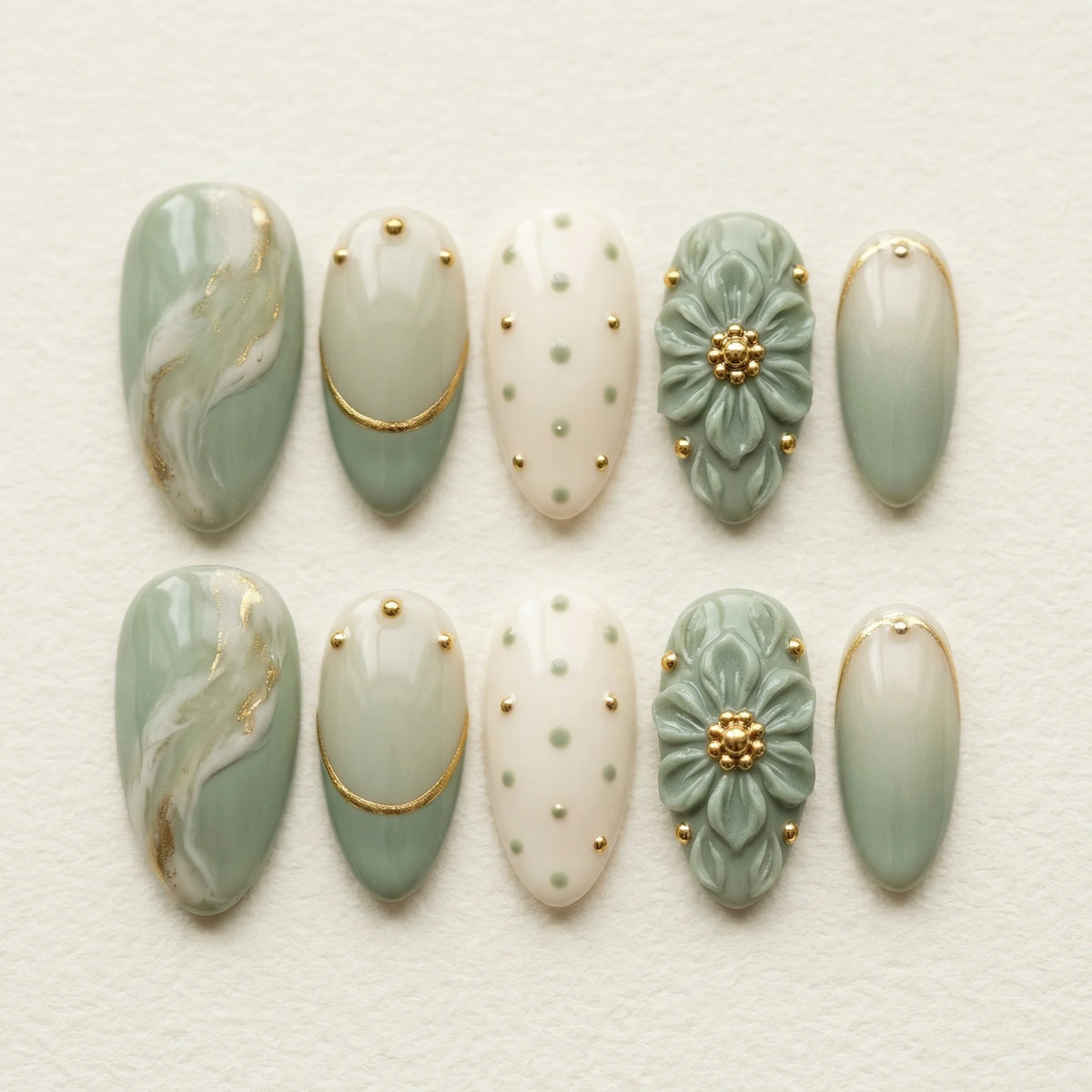 sage green 3d almond medium press on nails sage green flower flat lay 01