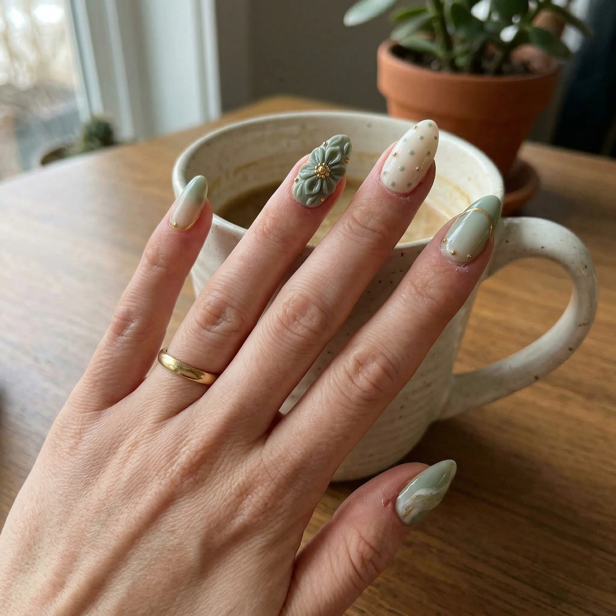 sage green 3d almond medium press on nails sage green flower lifestyle 02