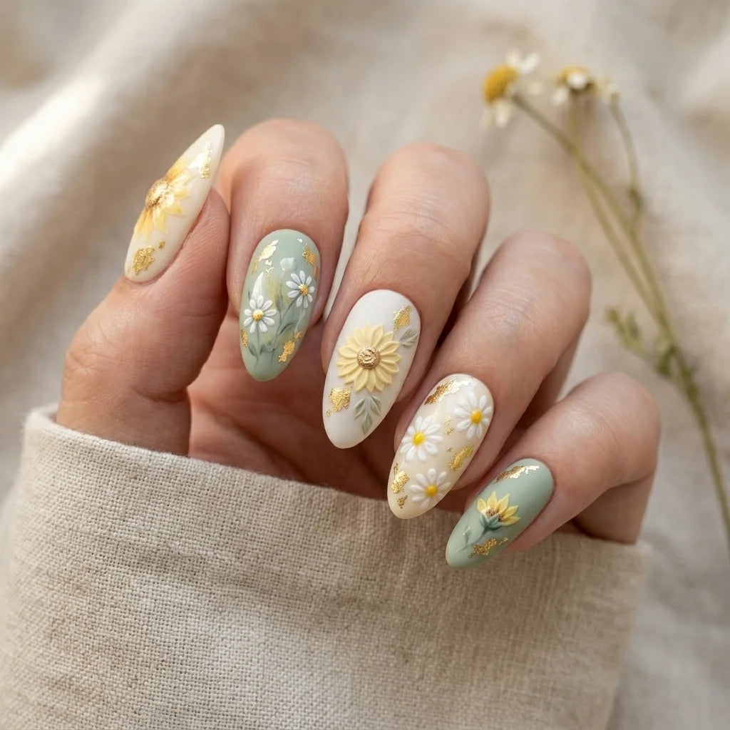 sage green 3d almond medium press on nails sunflower detail 01