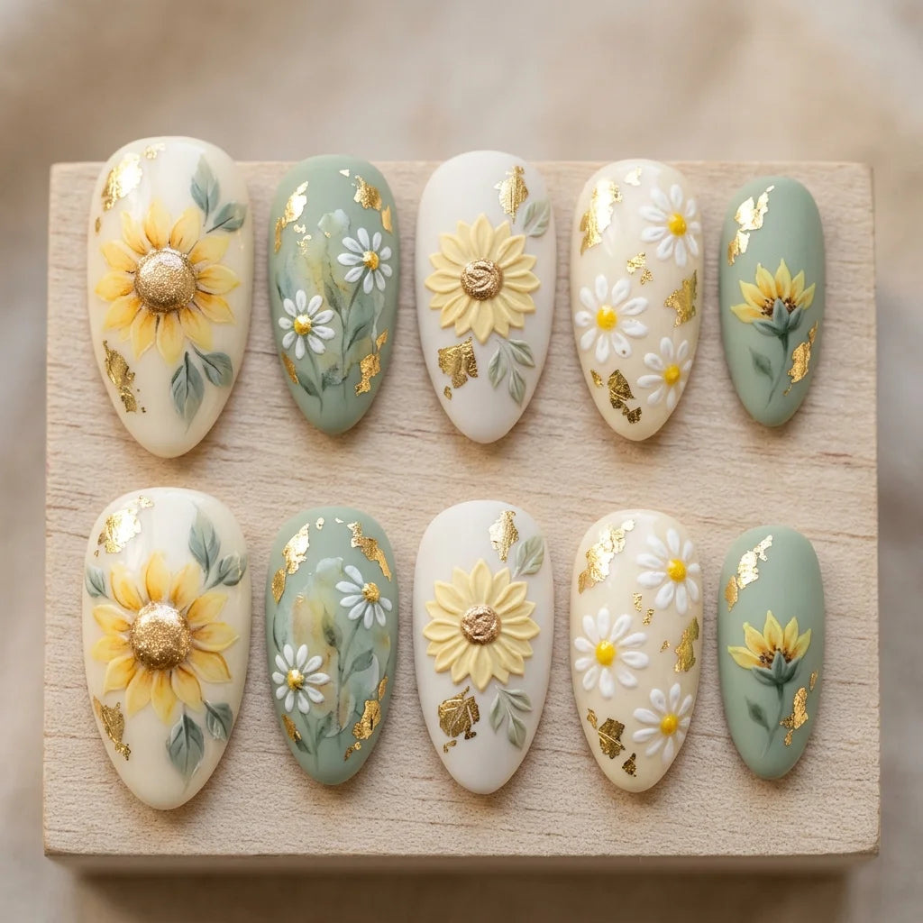 sage green 3d almond medium press on nails sunflower flat lay 01