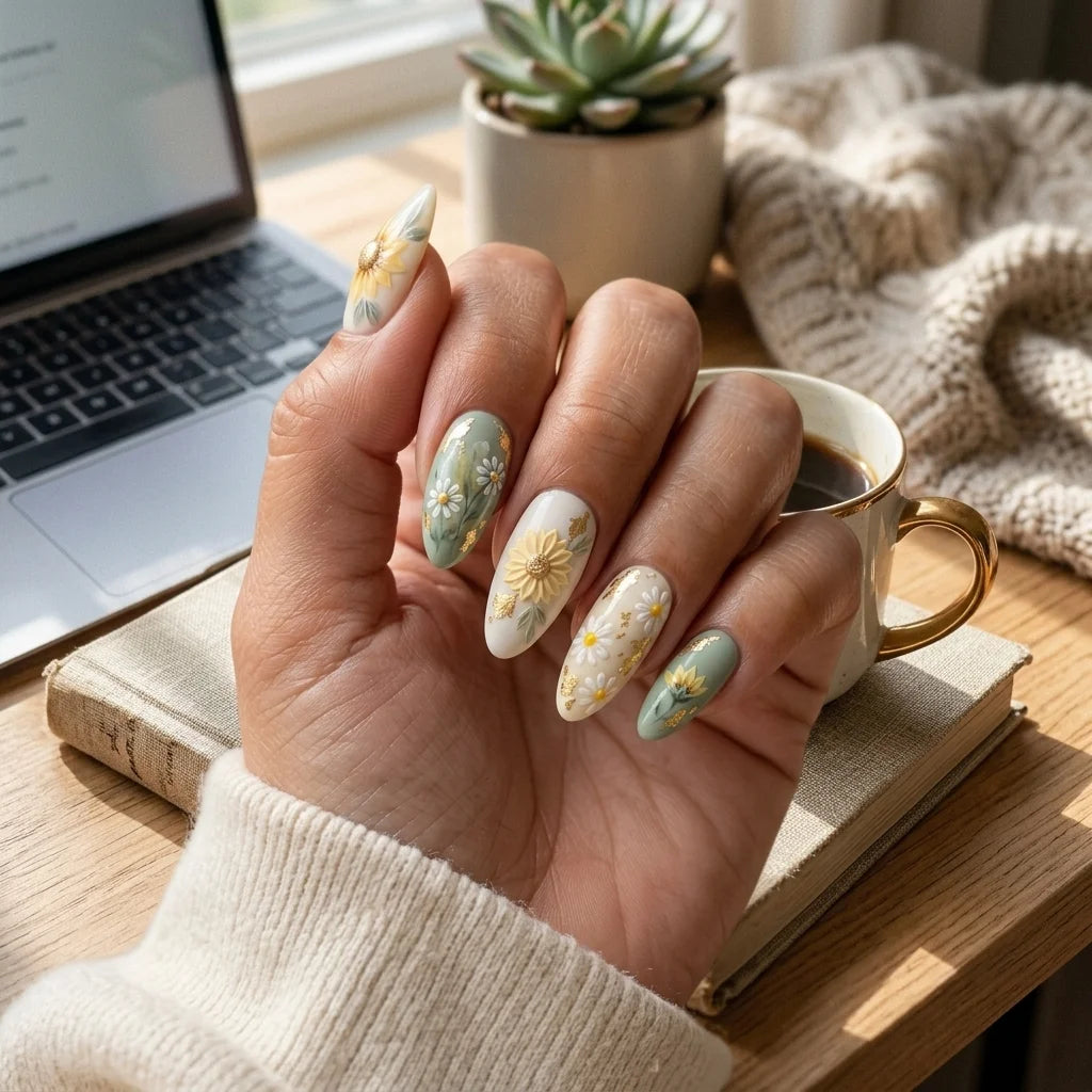 sage green 3d almond medium press on nails sunflower mockup 01