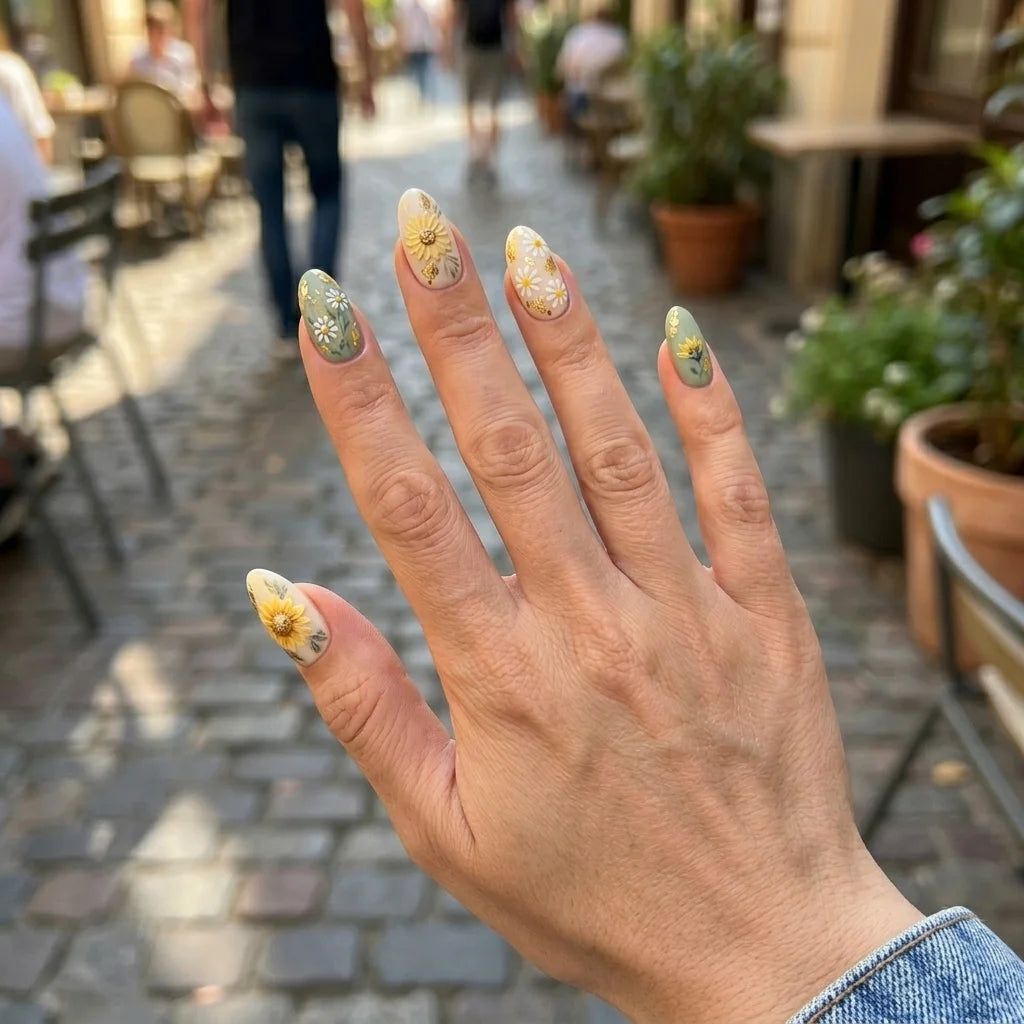 sage green 3d almond medium press on nails sunflower mockup 02