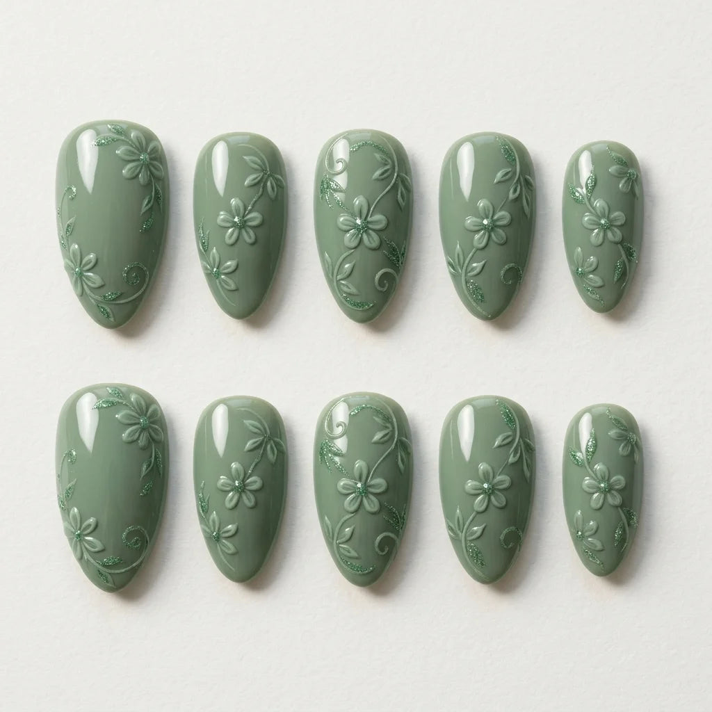sage green 3d almond press on nails flower leaf gemstone flat lay 01