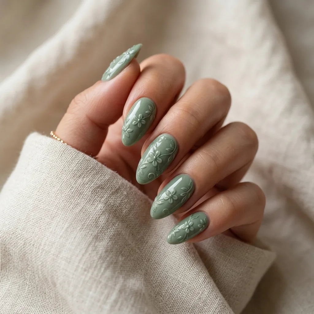 sage green 3d almond press on nails flower leaf gemstone lifestyle 01