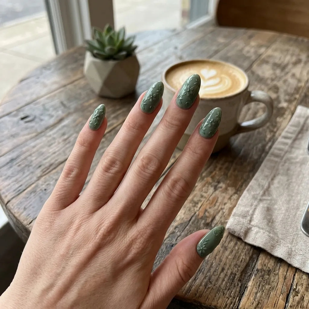 sage green 3d almond press on nails flower leaf gemstone lifestyle 02