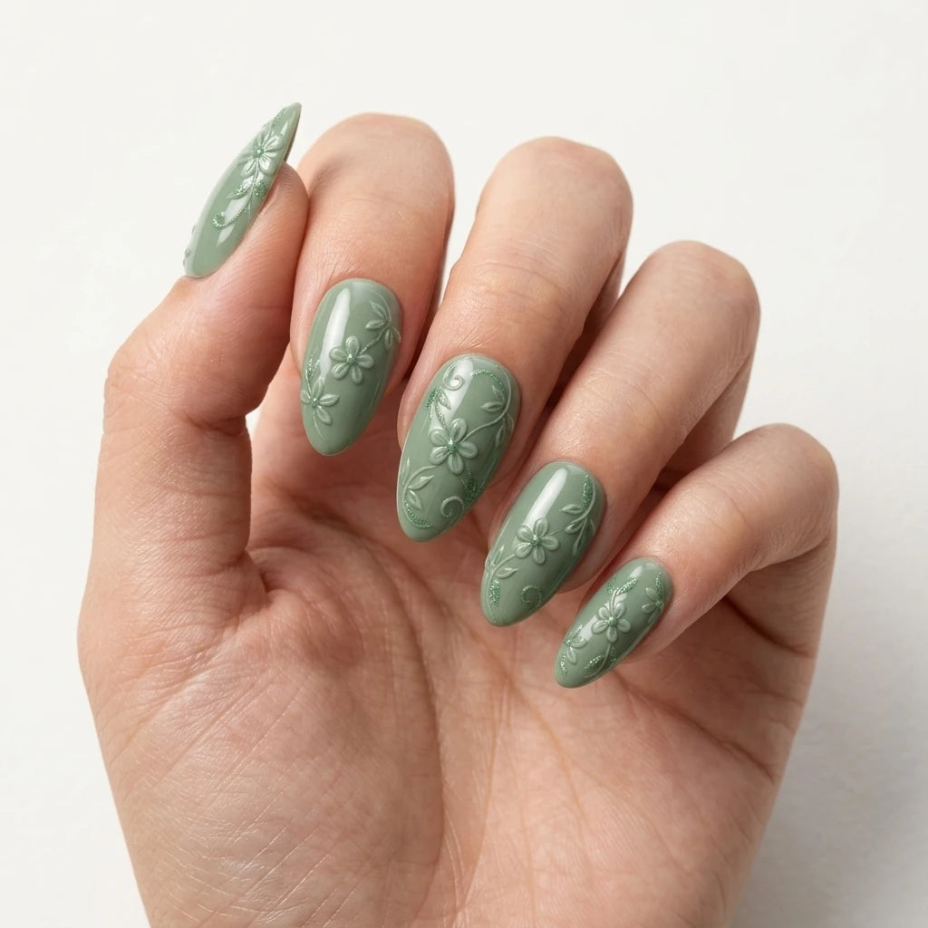 sage green 3d almond press on nails flower leaf gemstone mockup 01