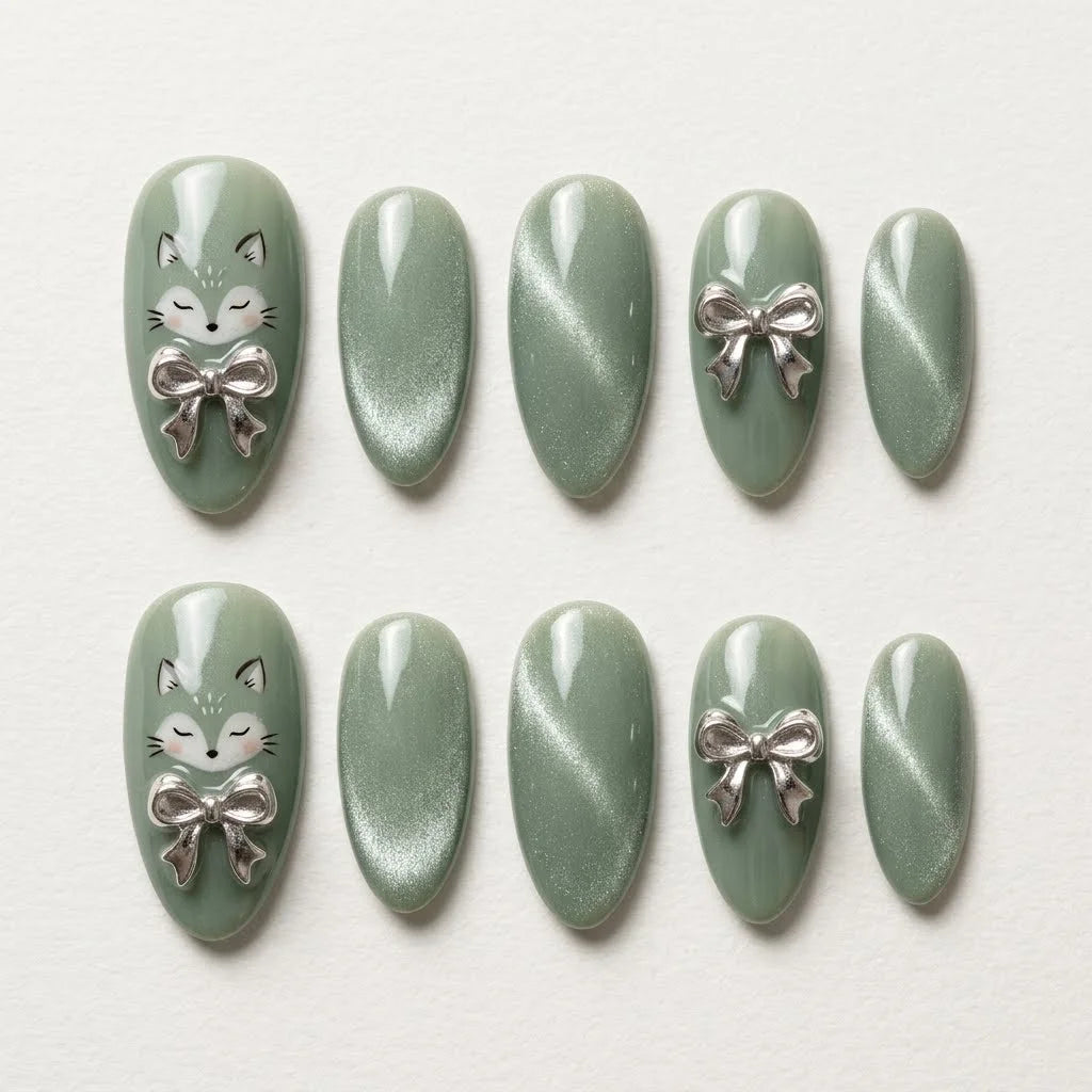 sage green 3d cat eye almond press on nails cat ribbon bow flat lay 01