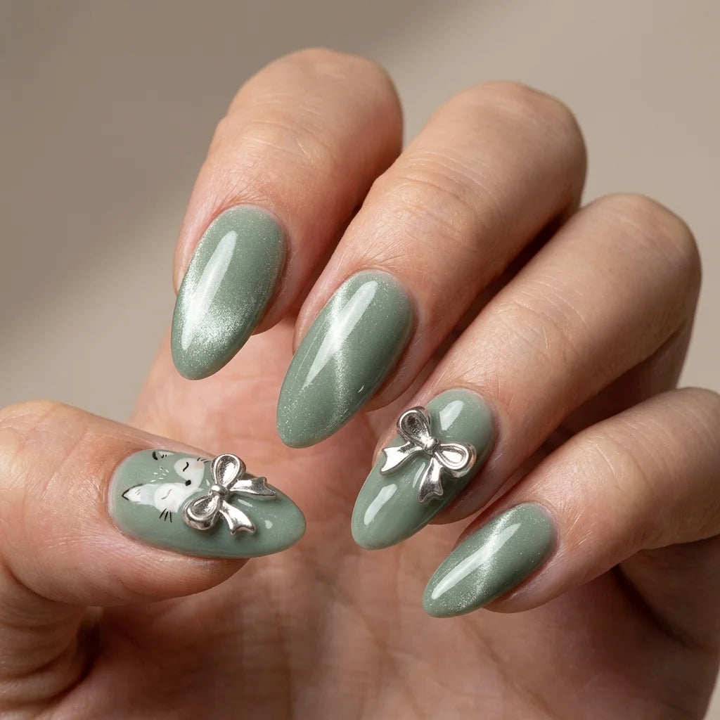 sage green 3d cat eye almond press on nails cat ribbon bow mockup 01