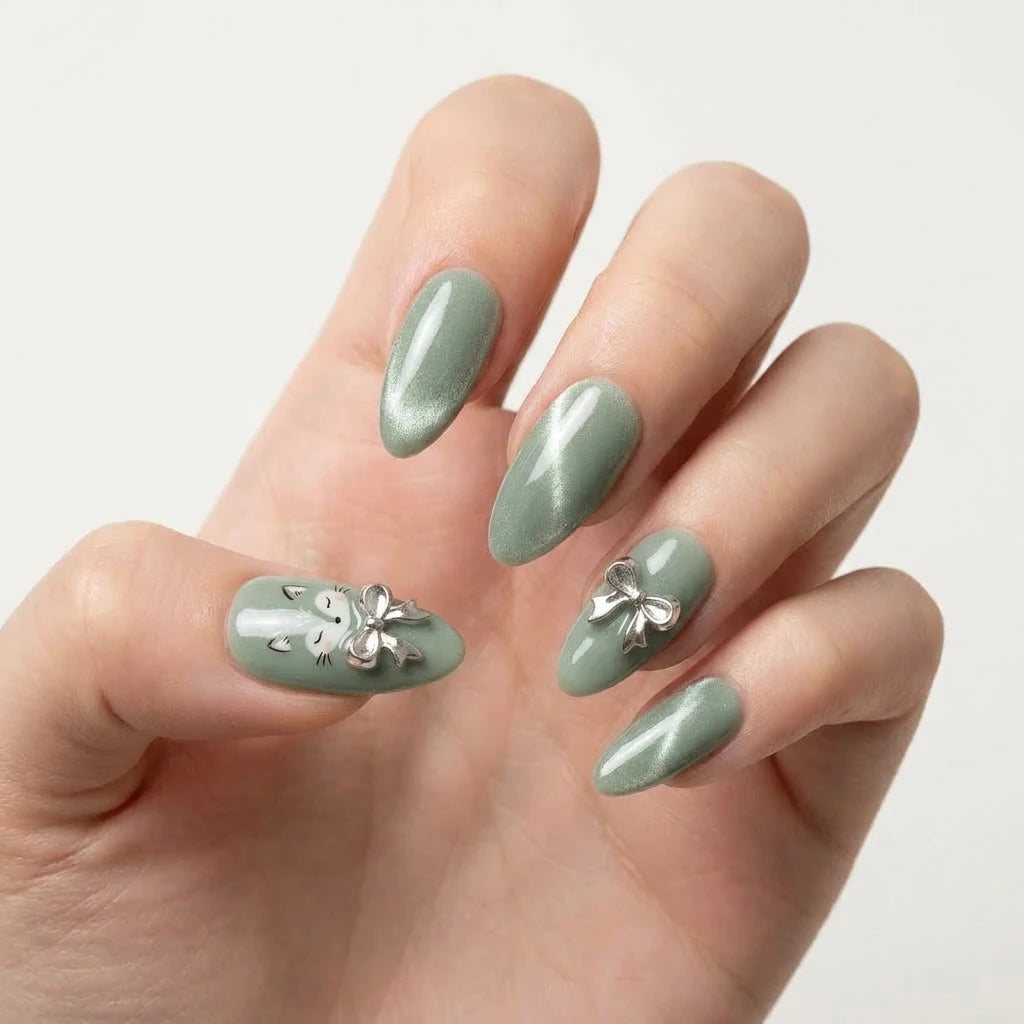 sage green 3d cat eye almond press on nails cat ribbon bow mockup 02
