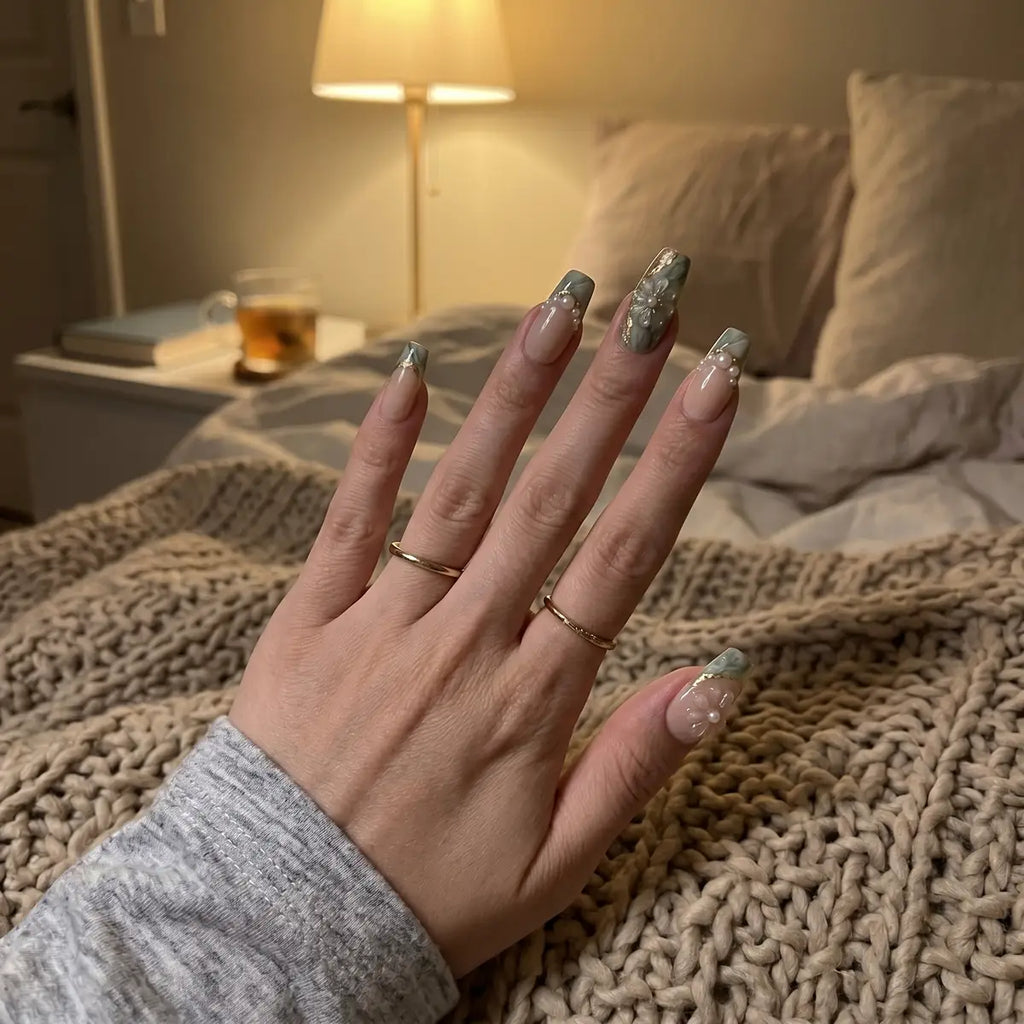sage green 3d coffin long press on nails clear flower pearl detail 03