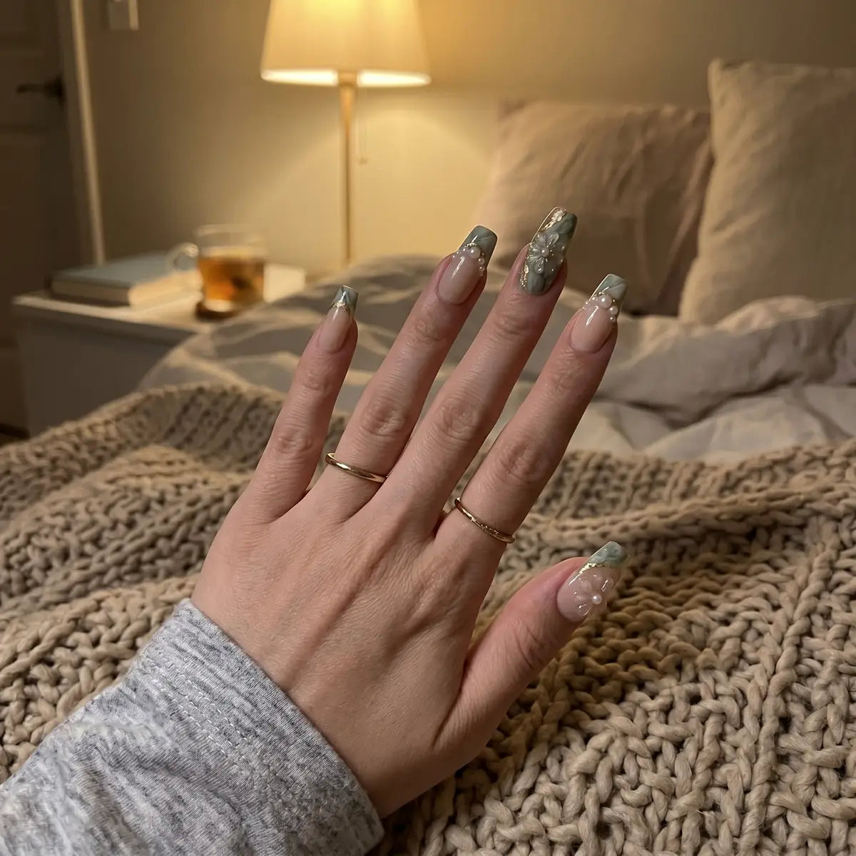 sage green 3d coffin long press on nails clear flower pearl detail 03