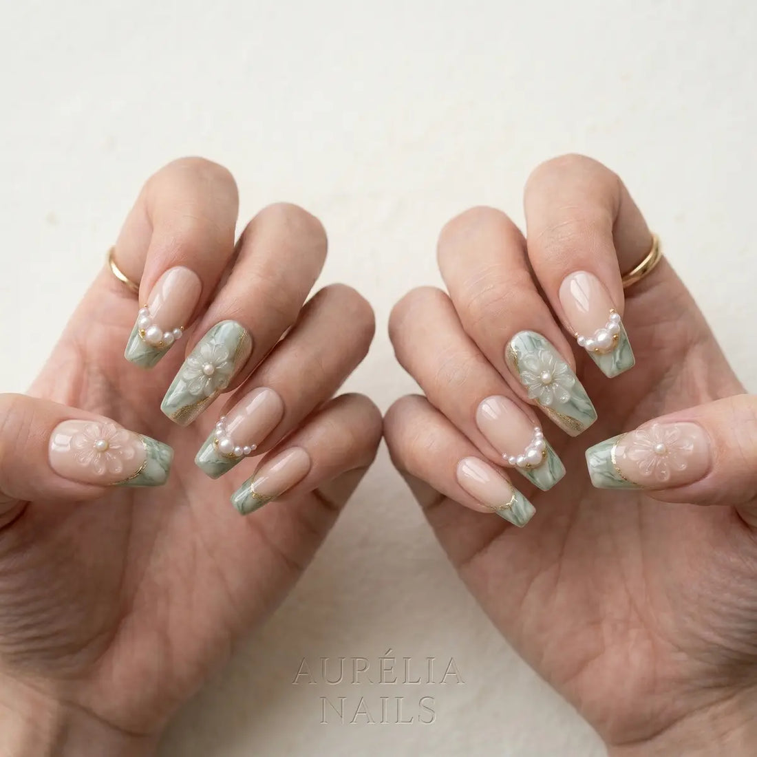sage green 3d coffin long press on nails clear flower pearl lifestyle 02