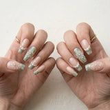 sage green 3d coffin long press on nails clear flower pearl lifestyle 02