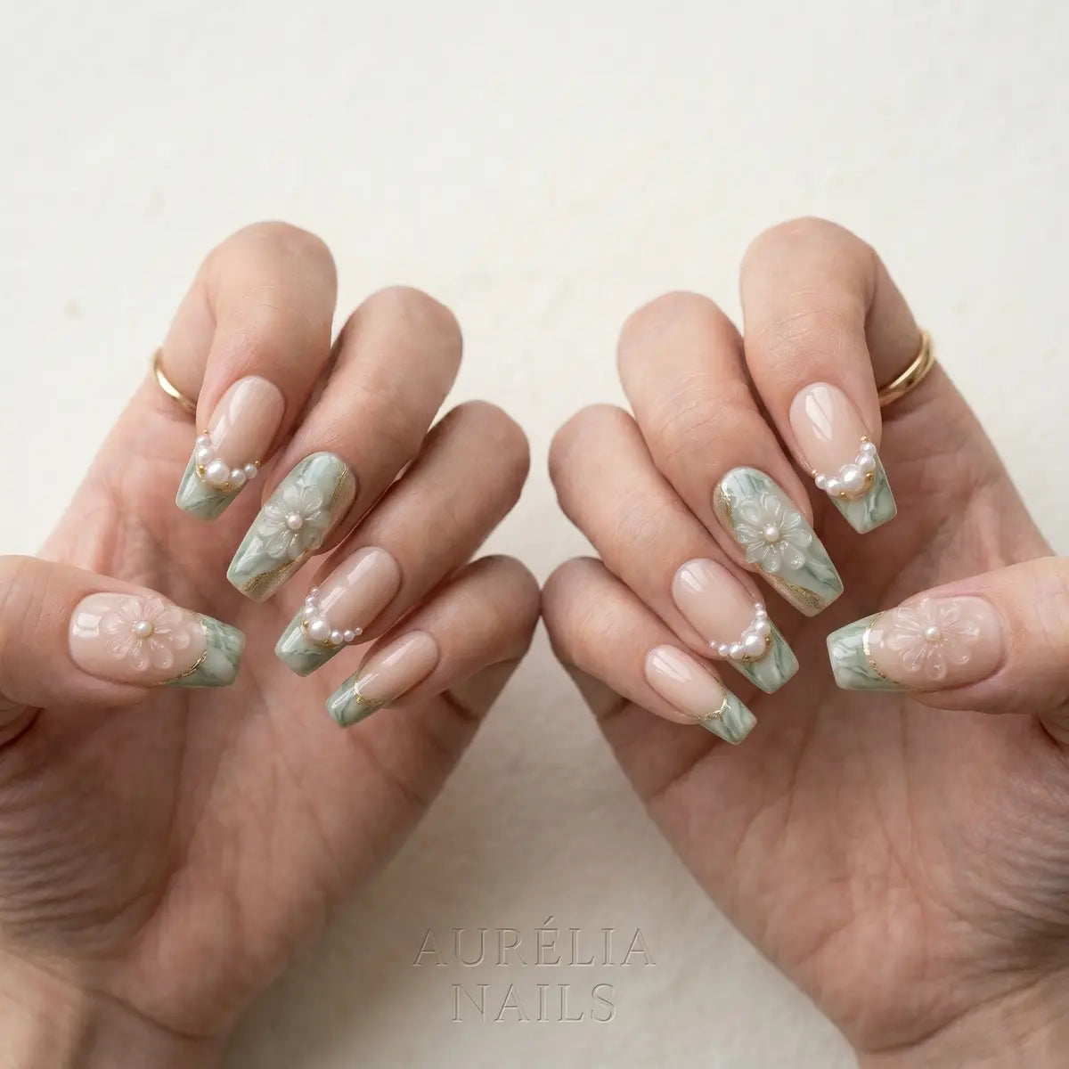 sage green 3d coffin long press on nails clear flower pearl lifestyle 02