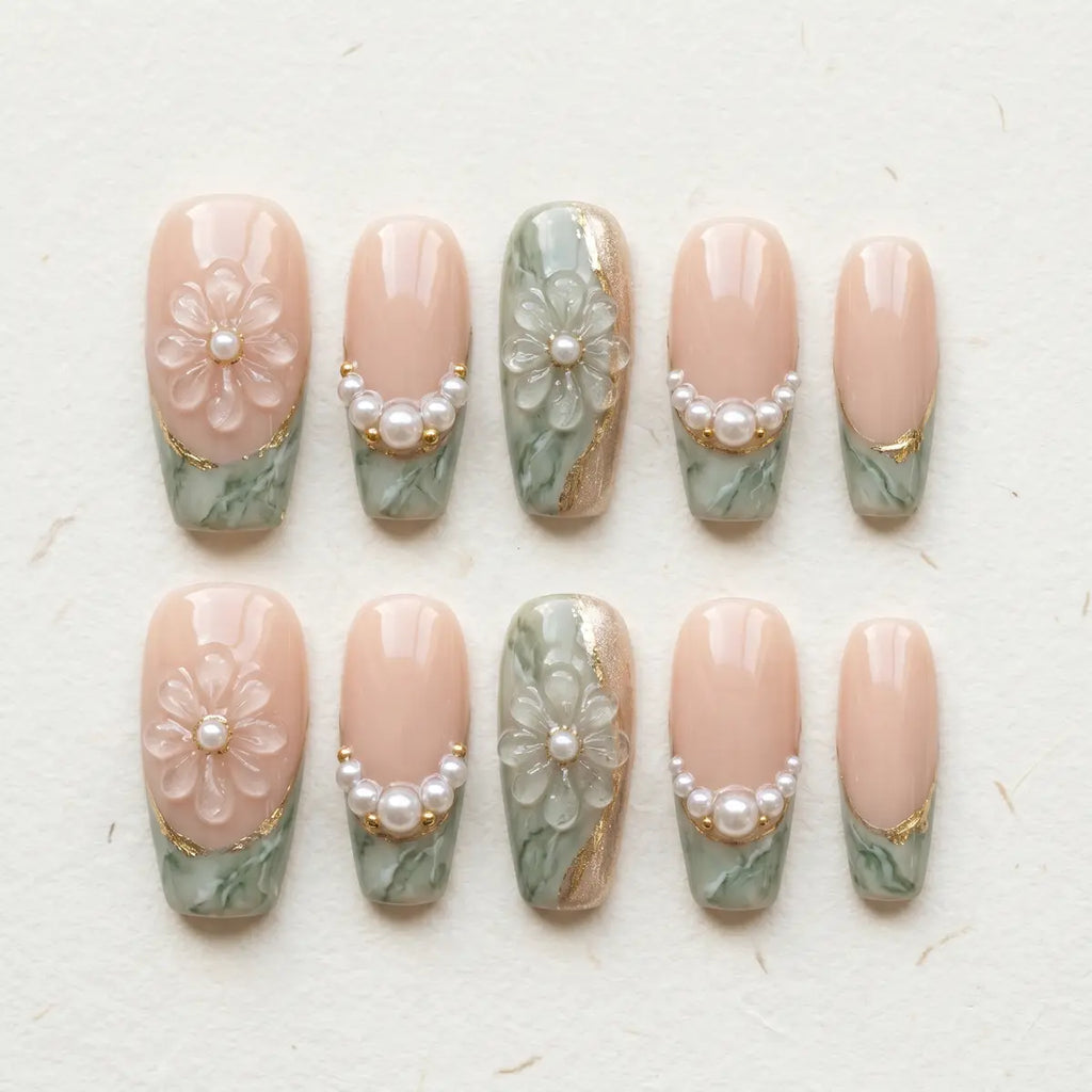 sage green 3d coffin long press on nails clear flower pearl mockup 01