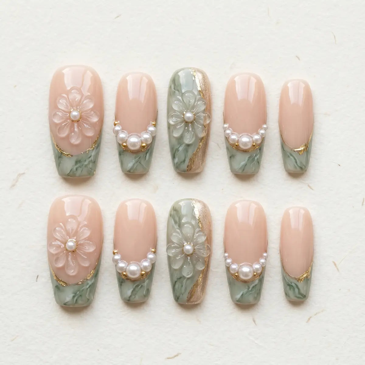sage green 3d coffin long press on nails clear flower pearl mockup 01