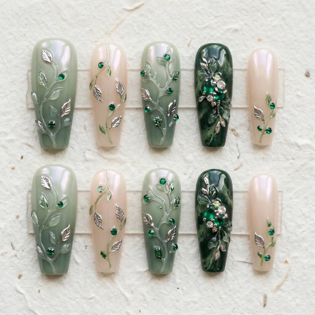 sage green 3d coffin long press on nails vine leaf gemstone flat lay 01