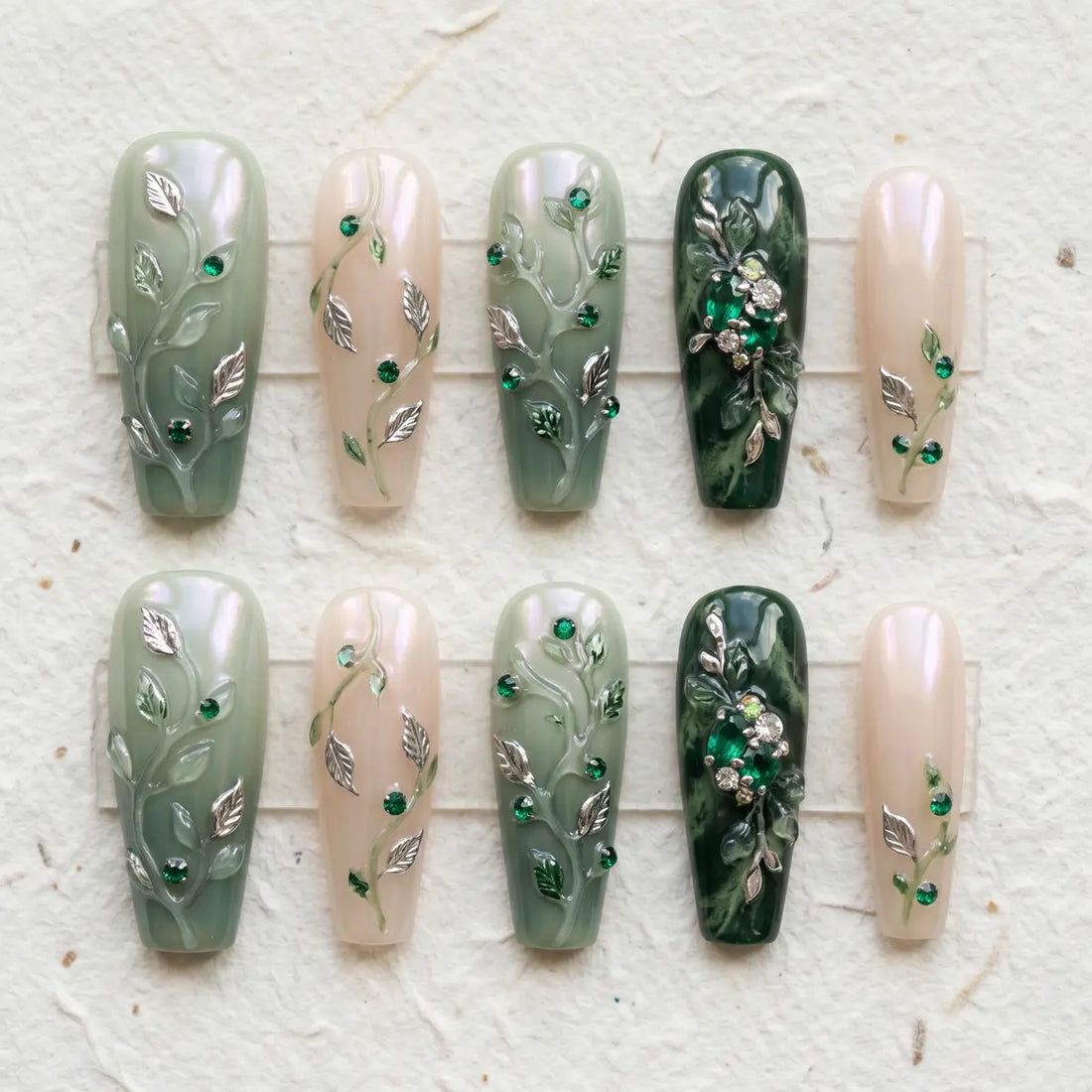 sage green 3d coffin long press on nails vine leaf gemstone mockup 01