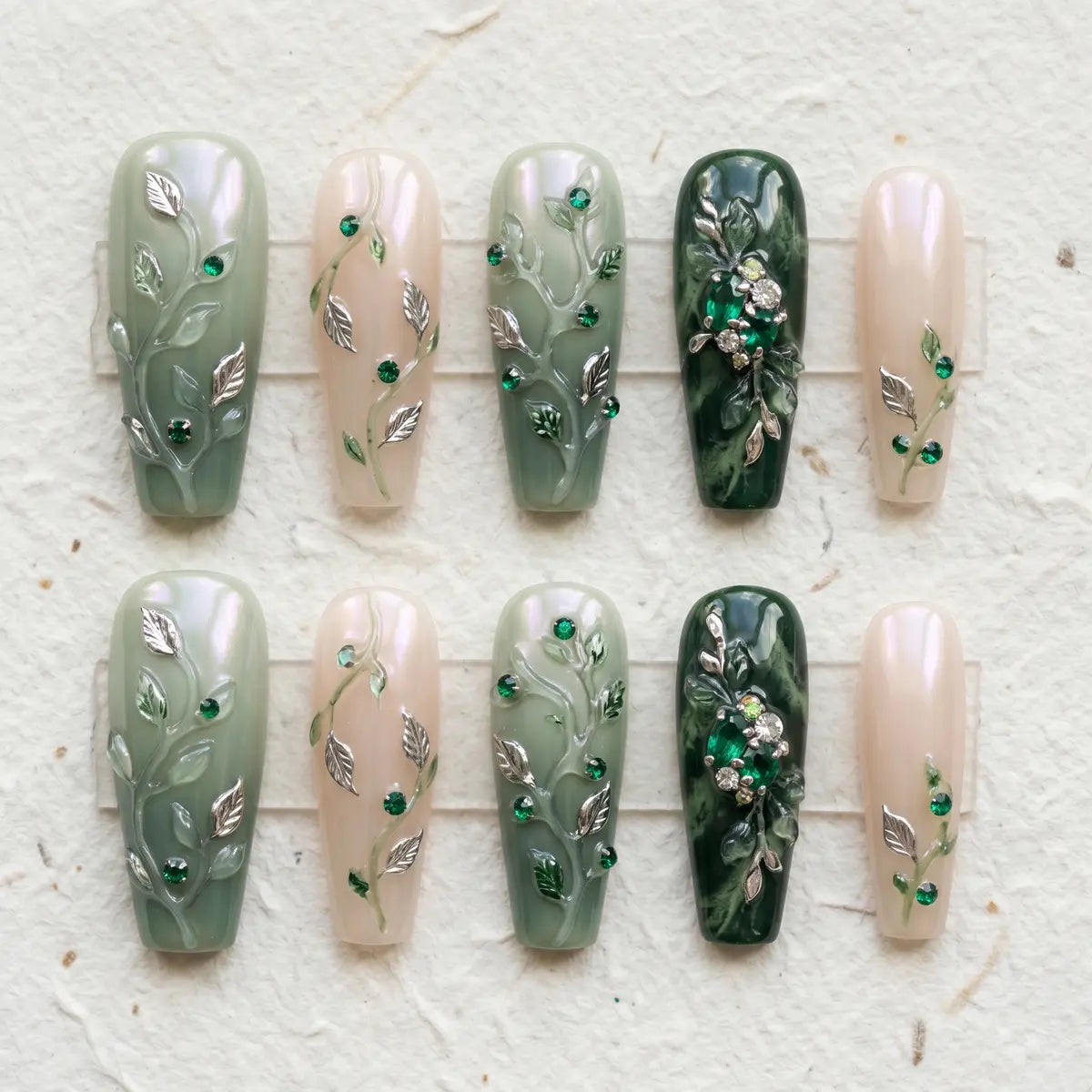 sage green 3d coffin long press on nails vine leaf gemstone flat lay 01