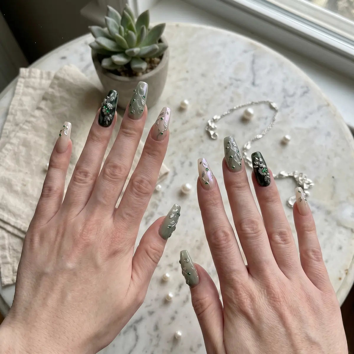 sage green 3d coffin long press on nails vine leaf gemstone mockup 01