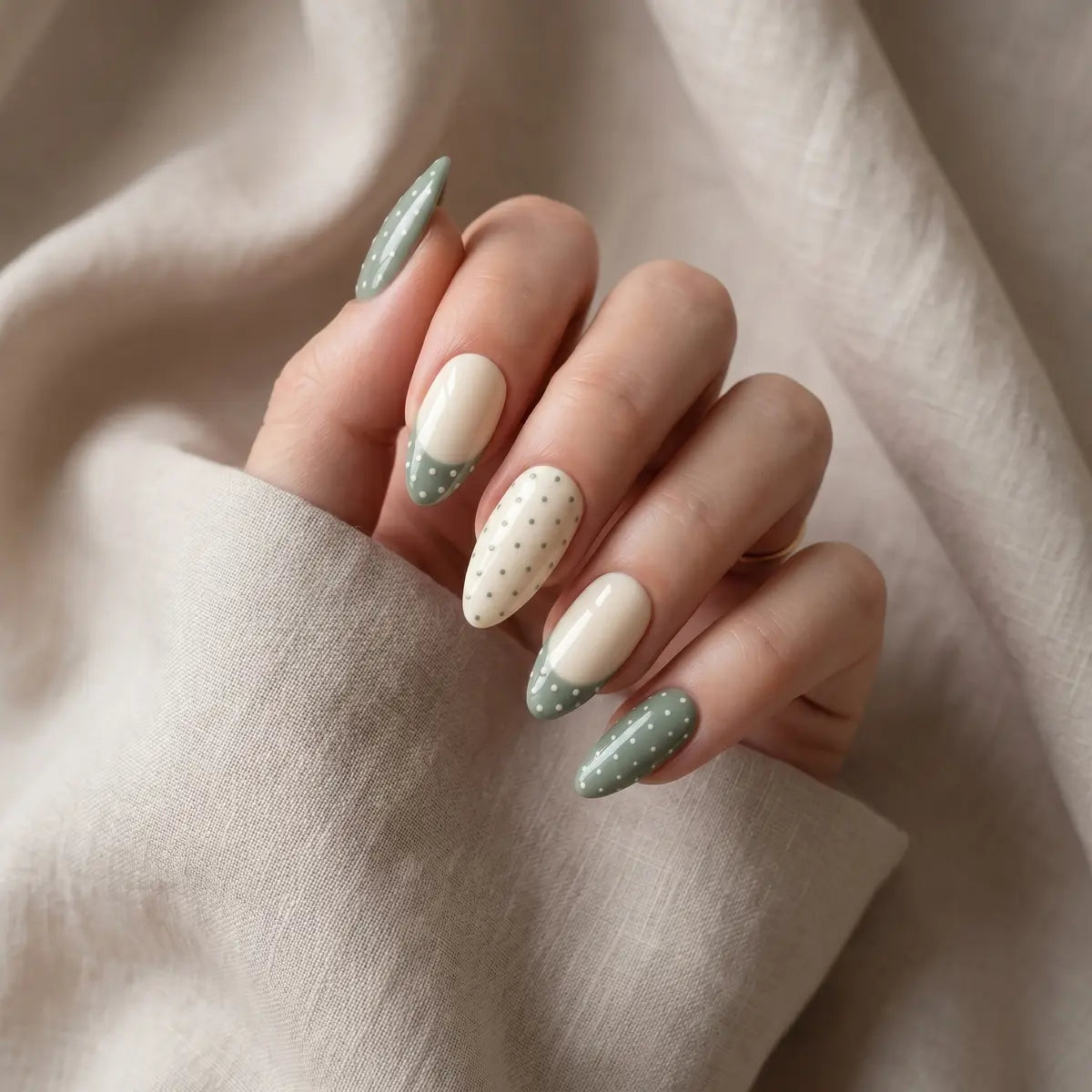 sage green beige french tip almond press on nails polka dot detail 03