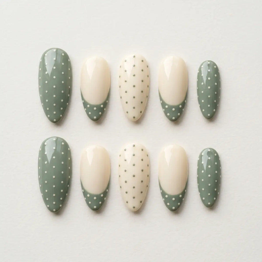 sage green beige french tip almond press on nails polka dot flat lay 04