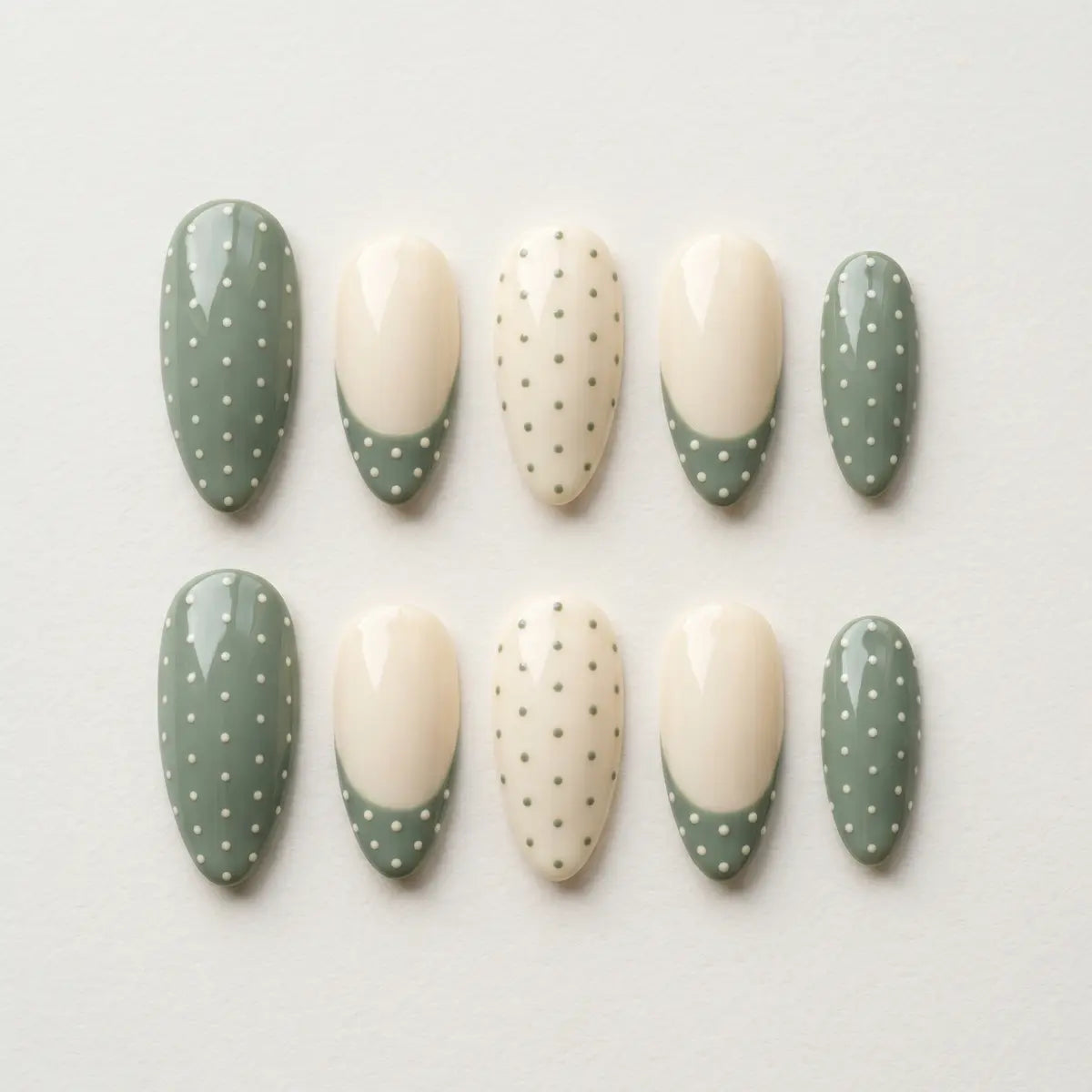 sage green beige french tip almond press on nails polka dot flat lay 04