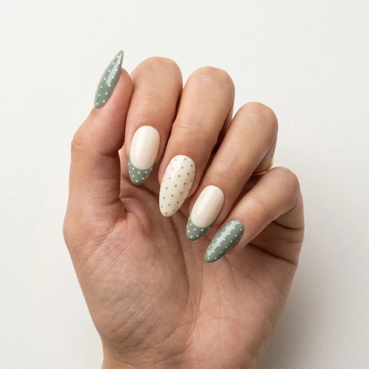 sage green beige french tip almond press on nails polka dot lifestyle 02
