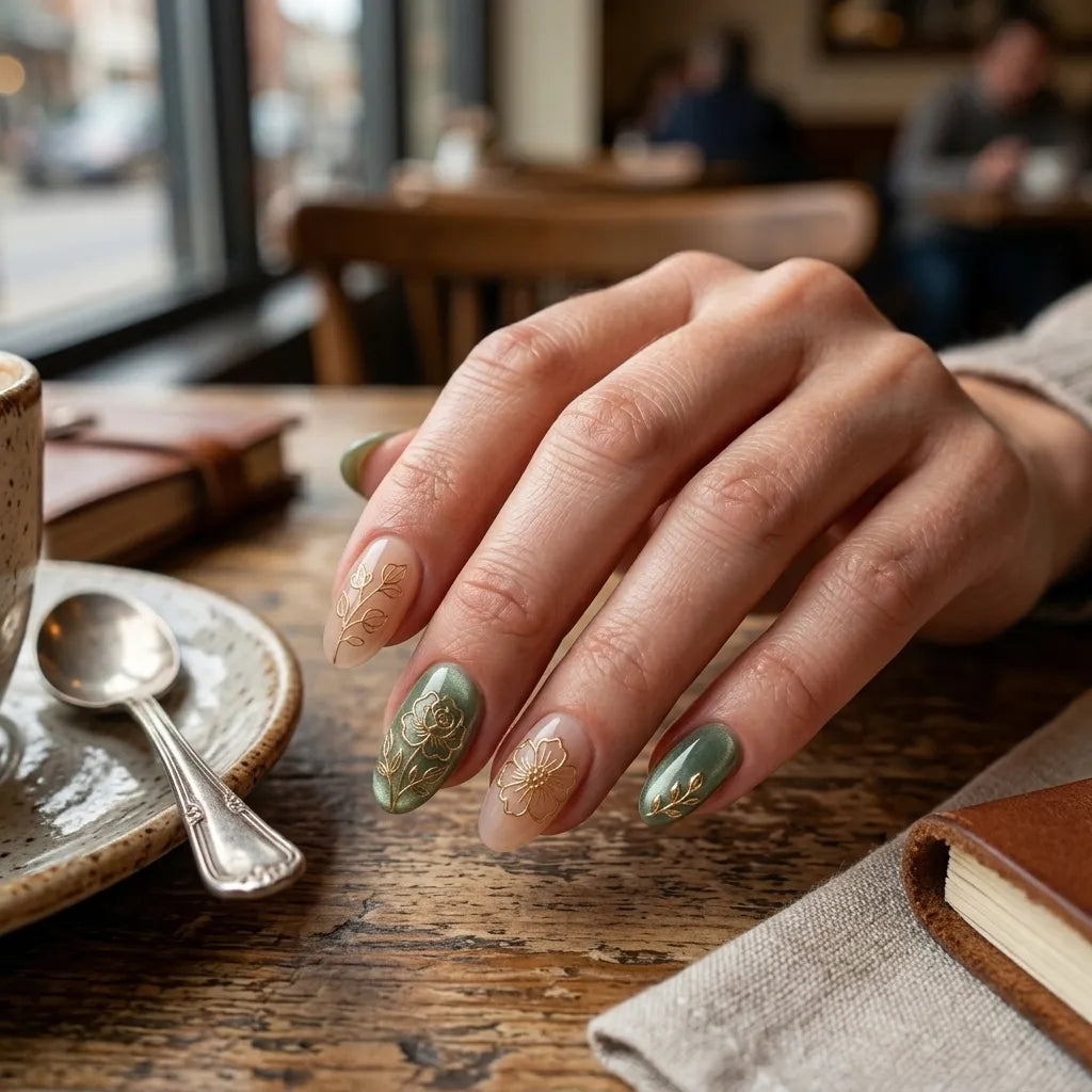 sage green blush nude 3d cat eye oval press on nails gold flower rose leaf detail 03