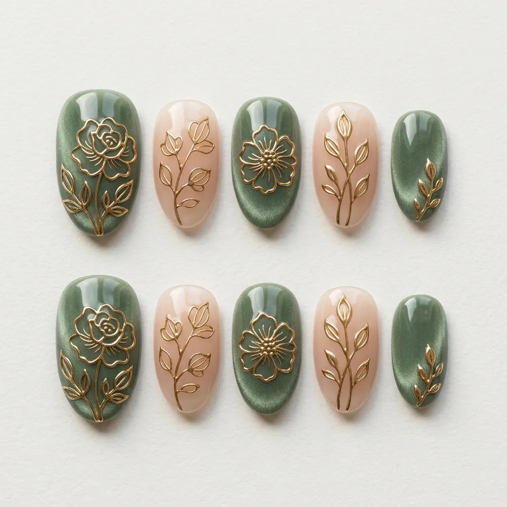 sage green blush nude 3d cat eye oval press on nails gold flower rose leaf flat lay 04