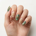 sage green blush nude 3d cat eye oval press on nails gold flower rose leaf lifestyle 02