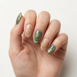 sage green blush nude 3d cat eye oval press on nails gold flower rose leaf lifestyle 02