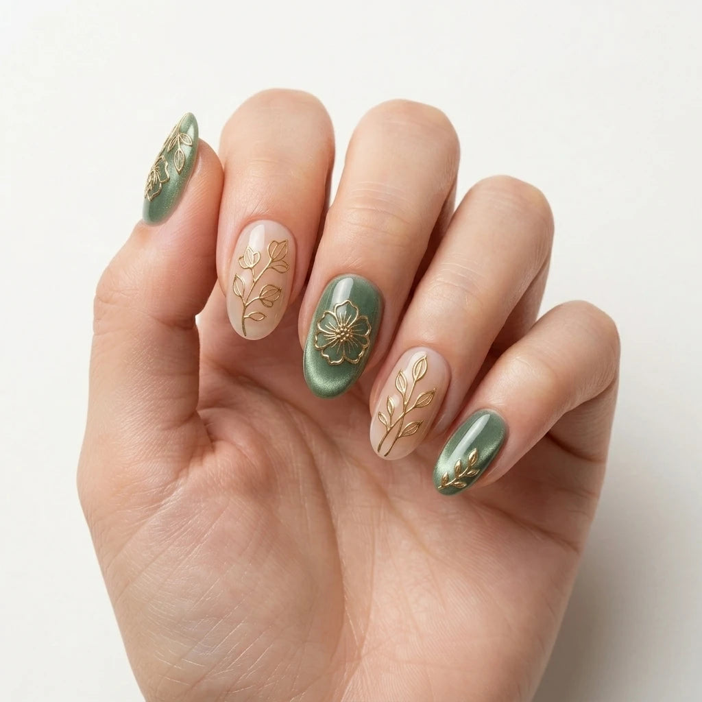 sage green blush nude 3d cat eye oval press on nails gold flower rose leaf lifestyle 02