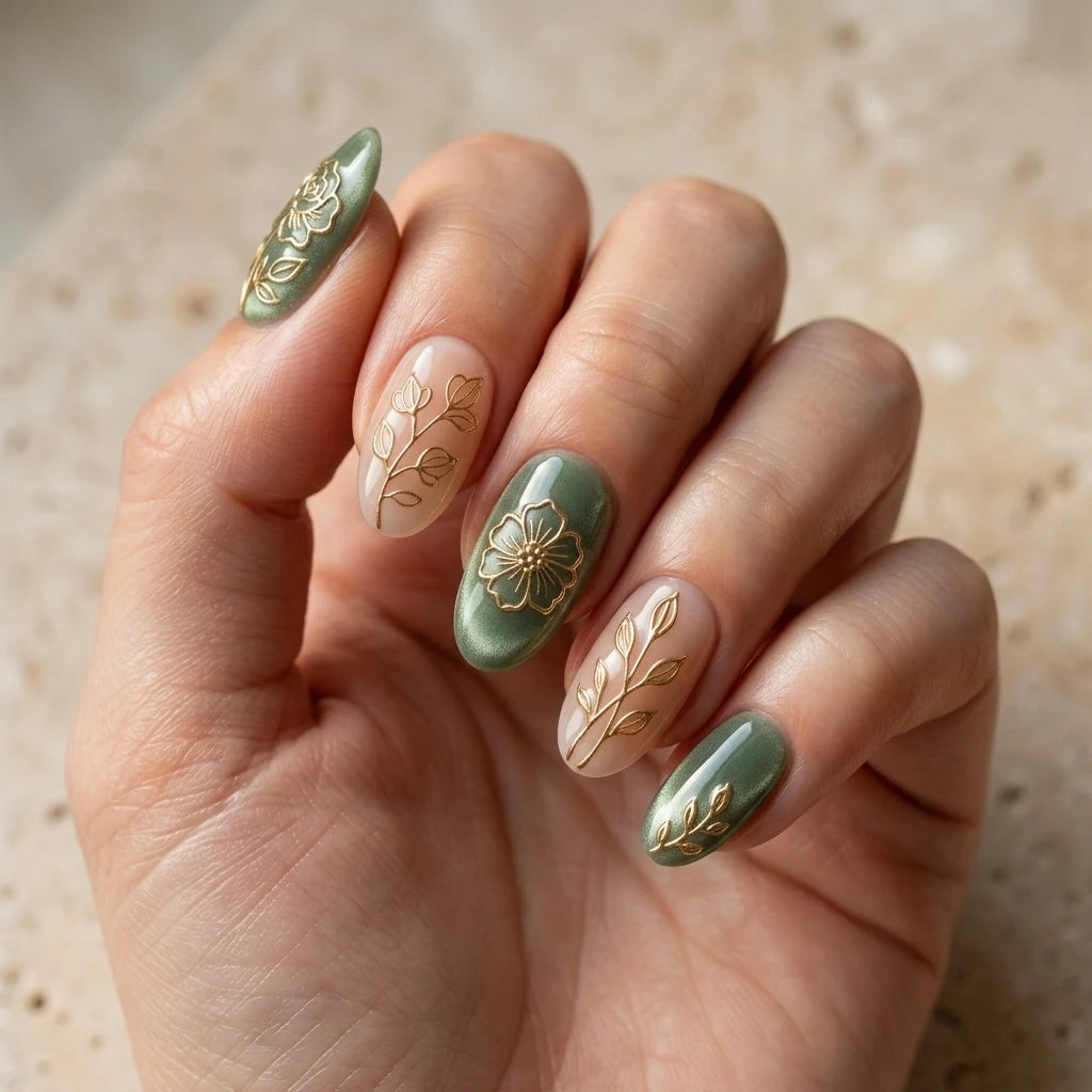 sage green blush nude 3d cat eye oval press on nails gold flower rose leaf mockup 01