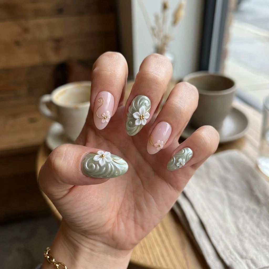 sage green blush pink 3d almond press on nails flower swirl detail 03