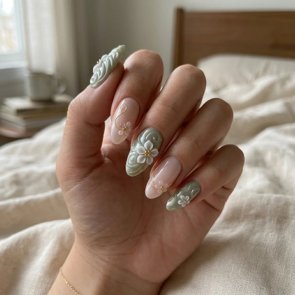 sage green blush pink 3d almond press on nails flower swirl detail 03 alt