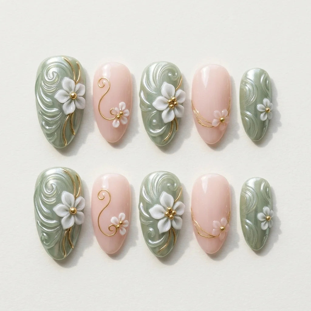 sage green blush pink 3d almond press on nails flower swirl flat lay 04