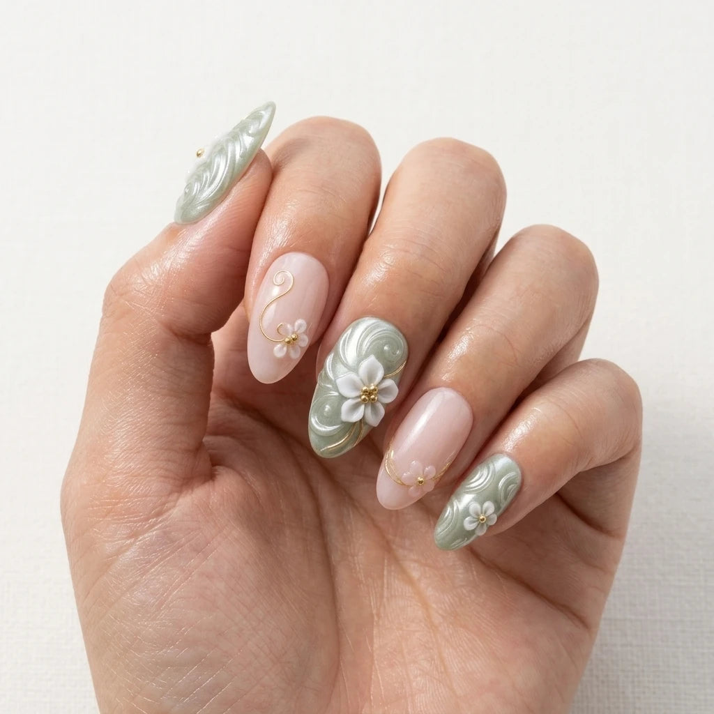 sage green blush pink 3d almond press on nails flower swirl lifestyle 02