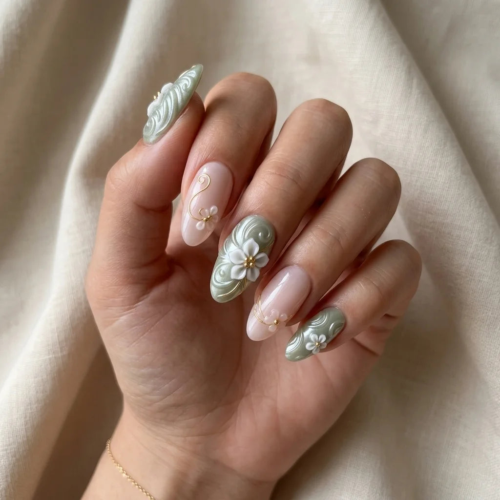 sage green blush pink 3d almond press on nails flower swirl mockup 01