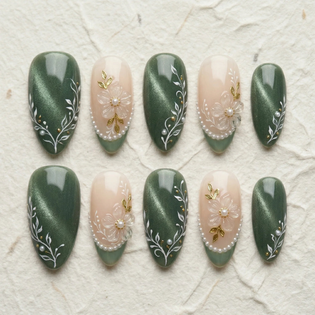 sage green cat eye 3d almond medium press on nails clear flower white vine flat lay 01
