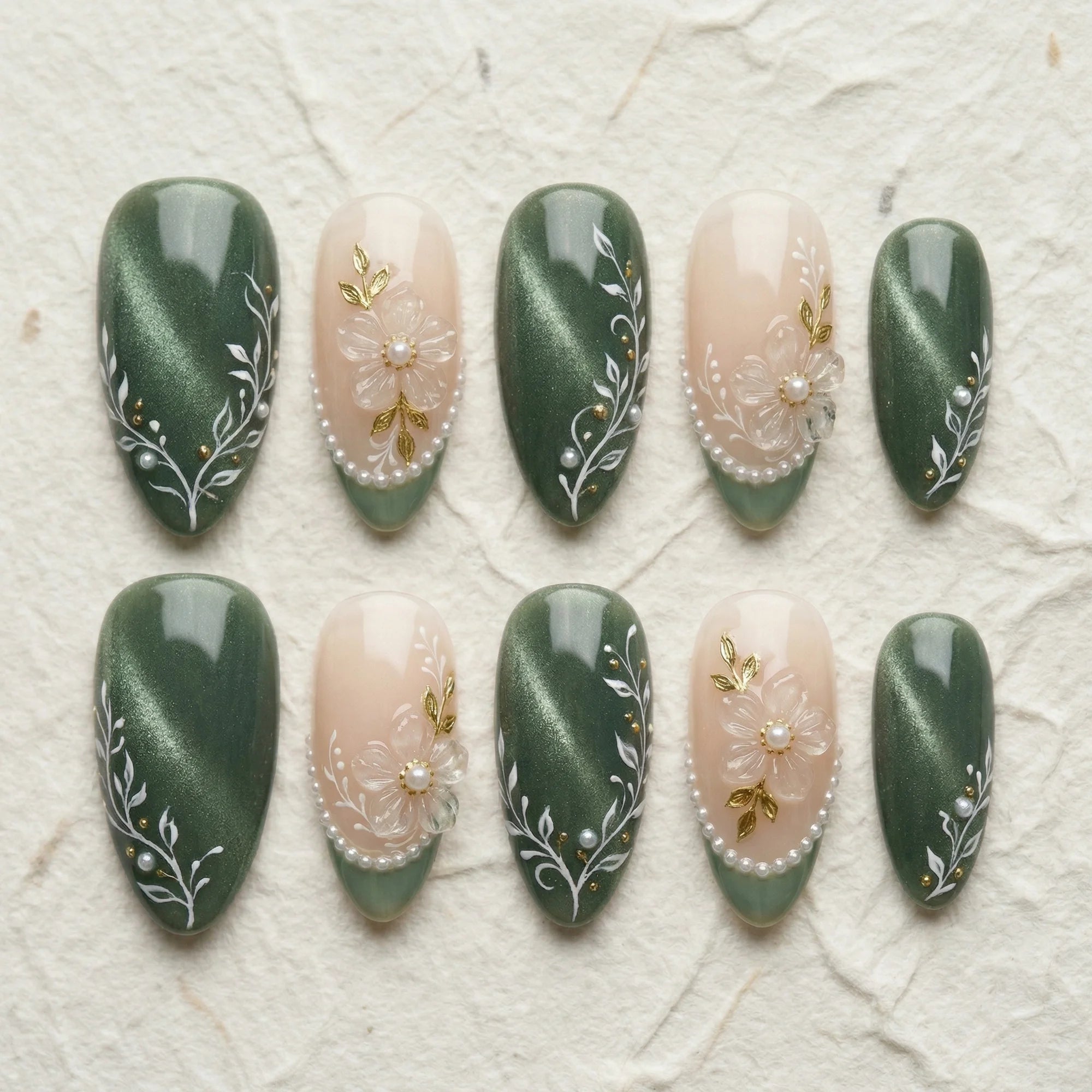 sage green cat eye 3d almond medium press on nails clear flower white vine flat lay 01