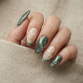 sage green cat eye 3d almond medium press on nails clear flower white vine lifestyle 02